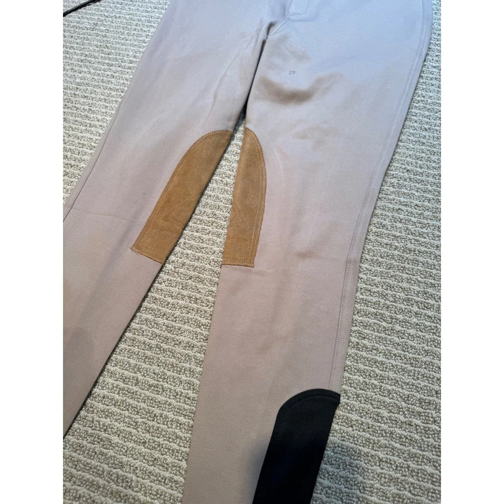 Kids Equestrian Riding‎ Breeches Pants Tan Beige Suede Knee Patches Black Cuffs